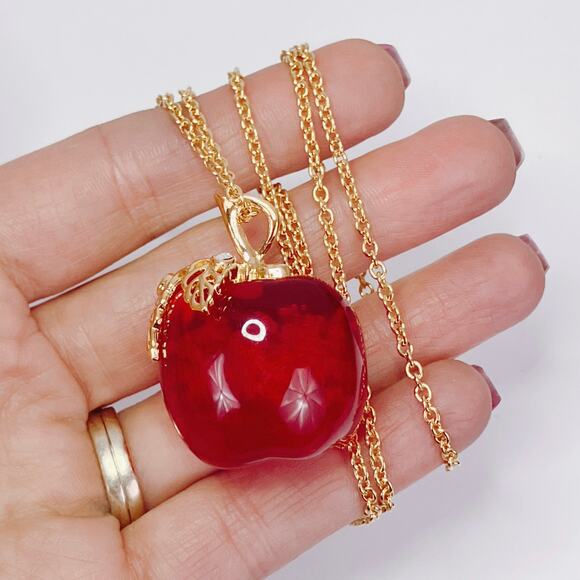 Vintage Avon Lucite Red Candy Apple Clear Rhinestone Pendant Necklace 32" Long - Picture 3 of 11